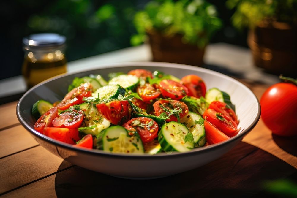 Cucumber tomato salad plate. AI generated Image by rawpixel.