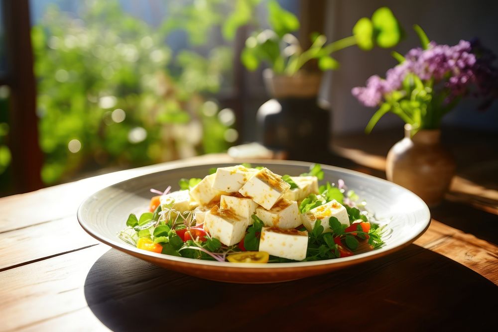 Tofu salad plate table food. AI generated Image by rawpixel.