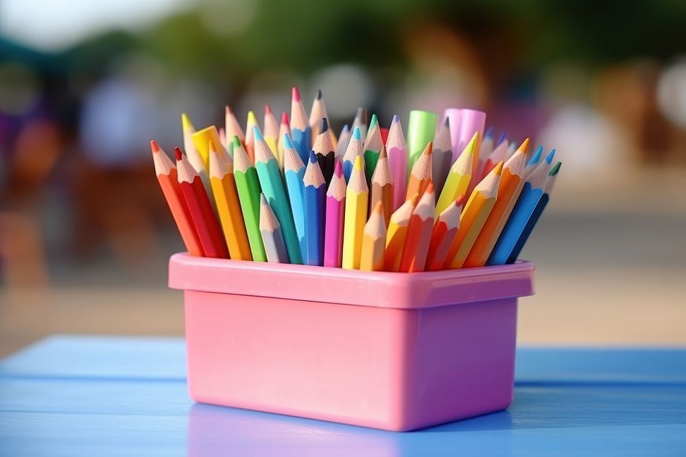 Pencil crayon table paintbrush. AI generated Image by rawpixel.