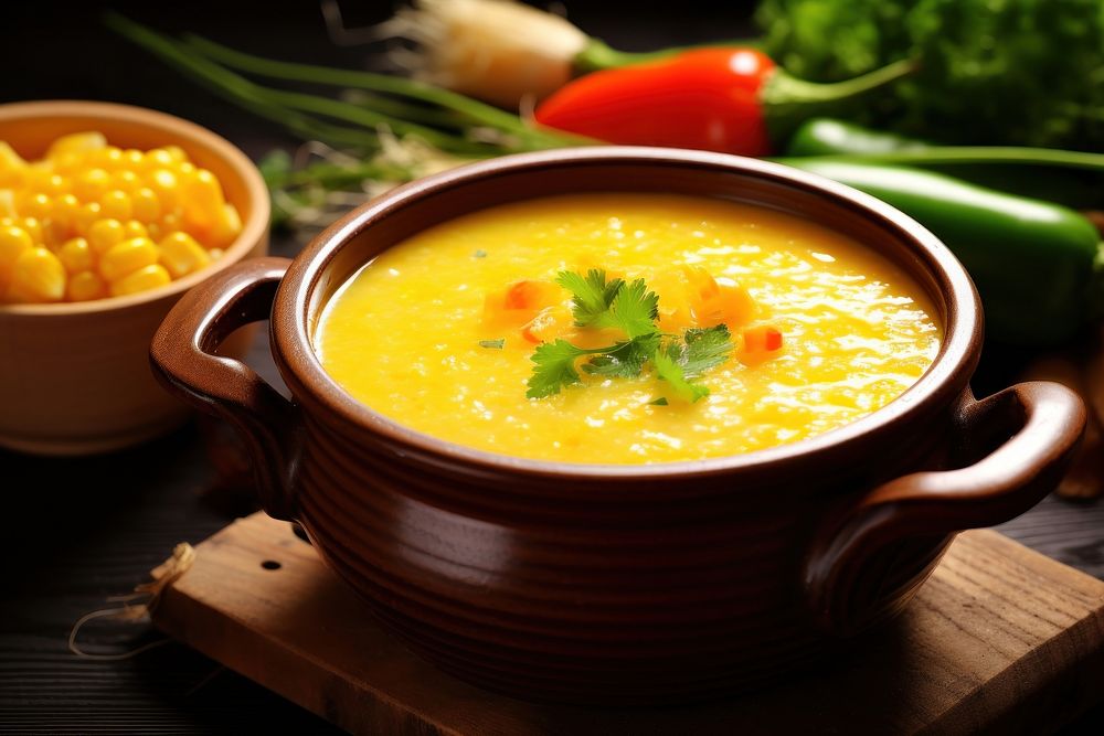 Corn soup table food meal. AI generated Image by rawpixel.