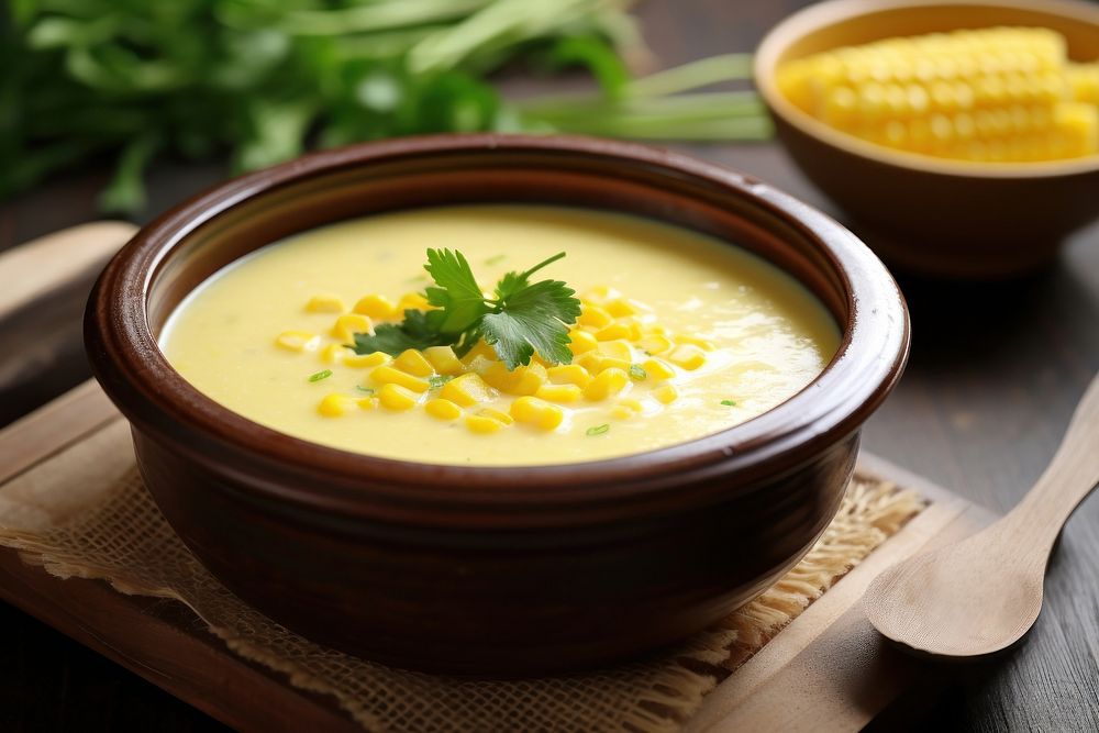 Corn soup table food meal. AI generated Image by rawpixel.