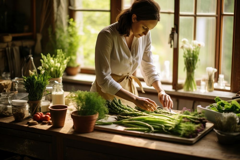 Female cooking asparagus table adult plant. AI generated Image by rawpixel.