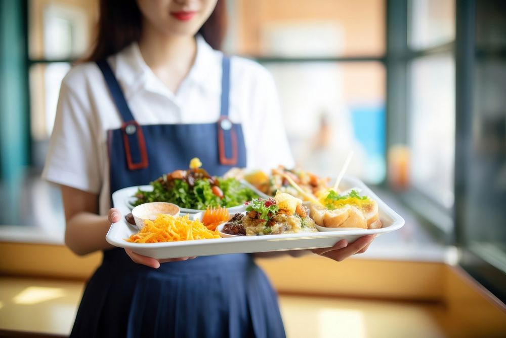 Girl holding tray have a tasty food plate restaurant midsection. AI generated Image by rawpixel.
