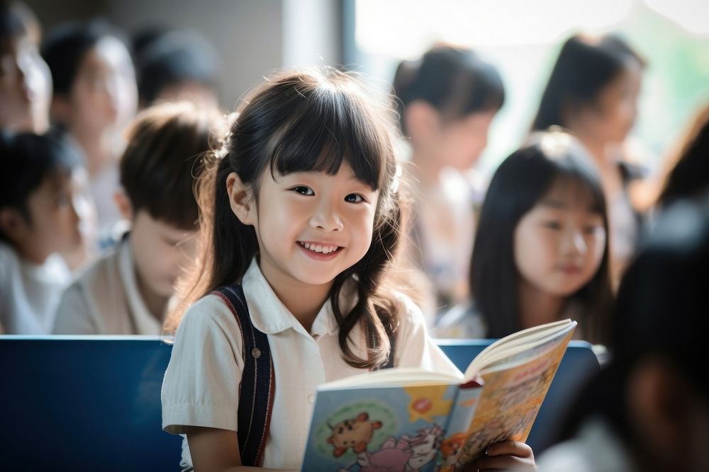 Kids smile holding book publication classroom student. AI generated Image by rawpixel.