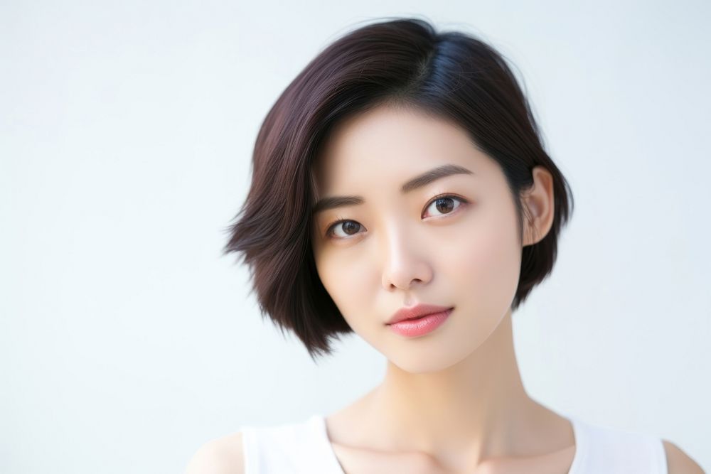 Portrait of a person with short dark hair, wearing a white top, looking at the camera against a light background. Simple…