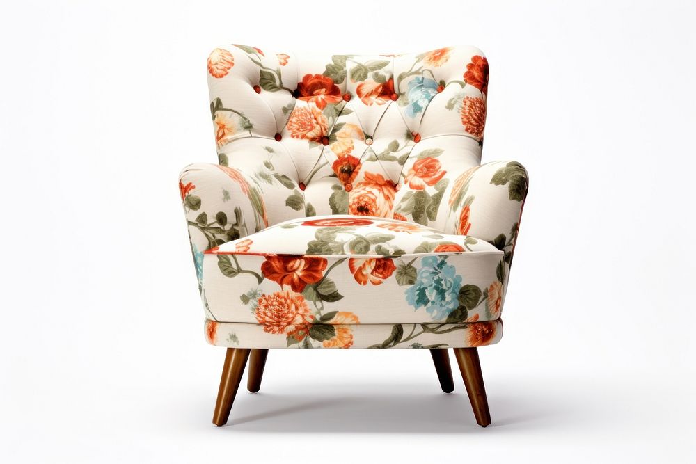 Retro Armchair Floral parttern armchair furniture white background. AI generated Image by rawpixel.