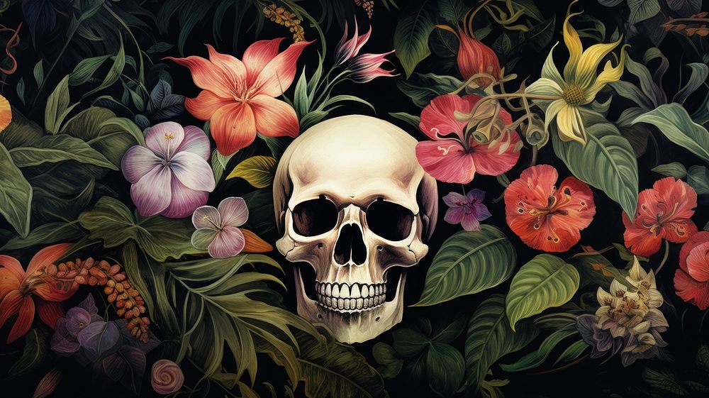 Skulls wallpaper painting flower nature. AI generated Image by rawpixel.