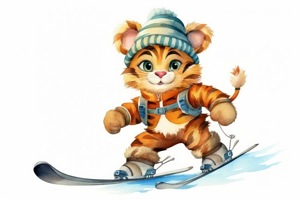 Tiger skiing snow white background representation. AI generated Image by rawpixel.