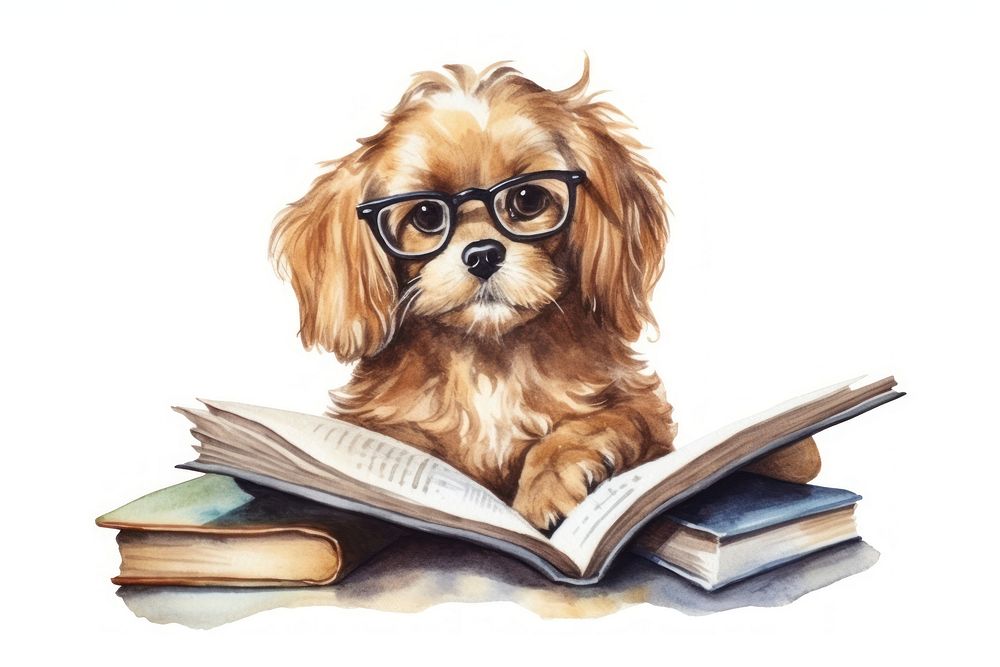 Dog reading books publication glasses drawing. AI generated Image by rawpixel.