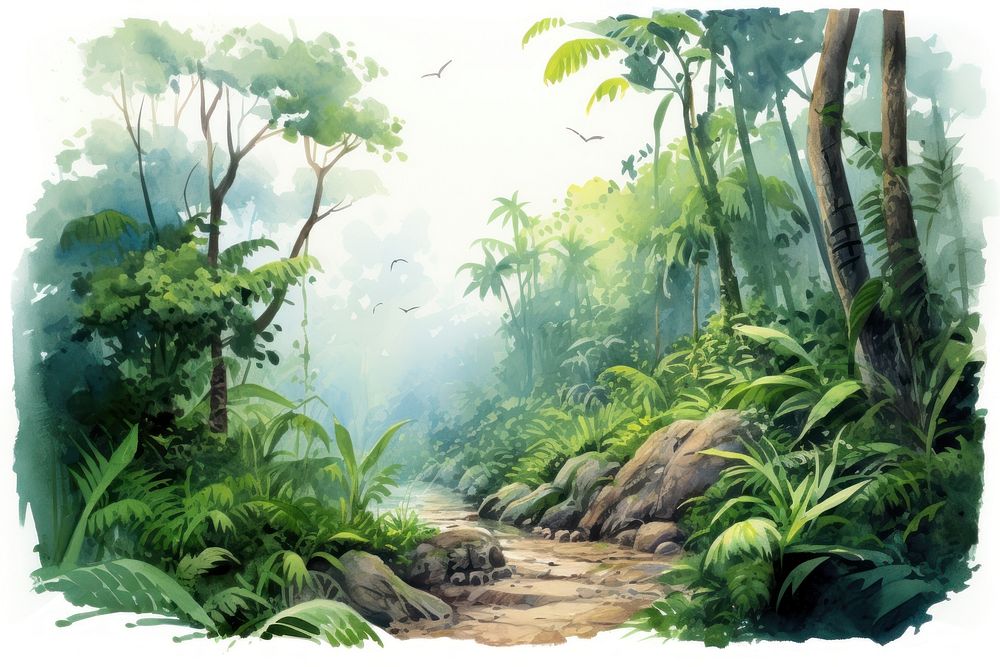 Watercolor rainforest trek vegetation landscape outdoors. AI generated Image by rawpixel.