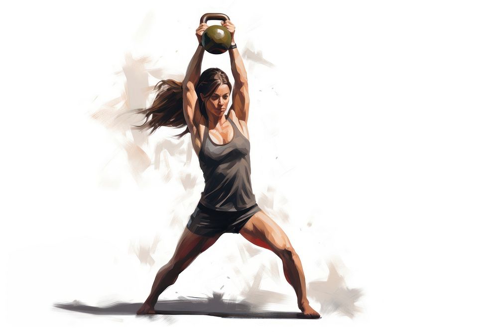 Woman swinging kettlebell sports adult ball. 