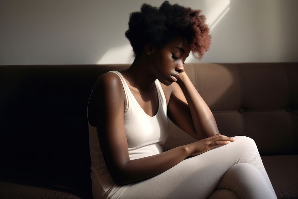 Depressed adult sitting black woman. AI generated Image by rawpixel.