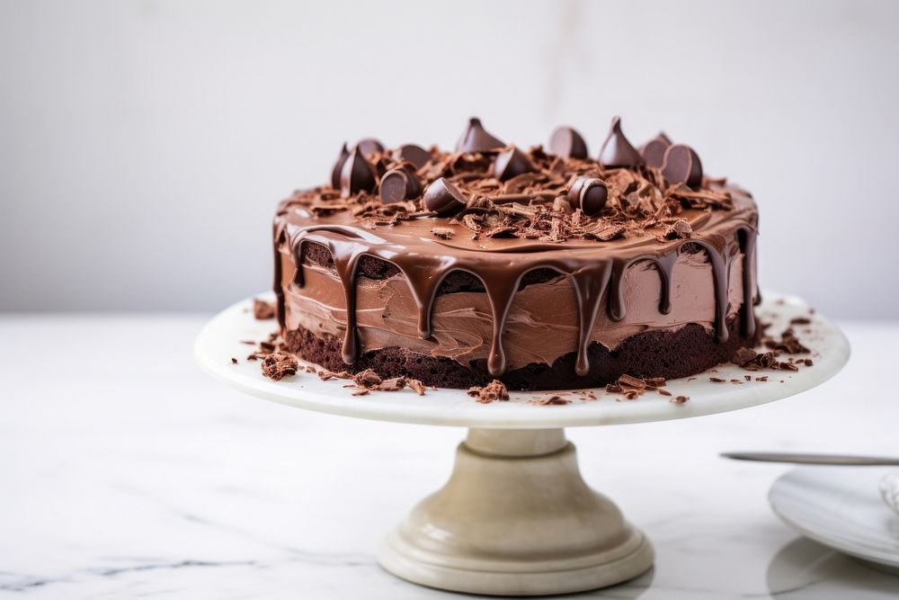 Chocolate cake dessert plate table. 