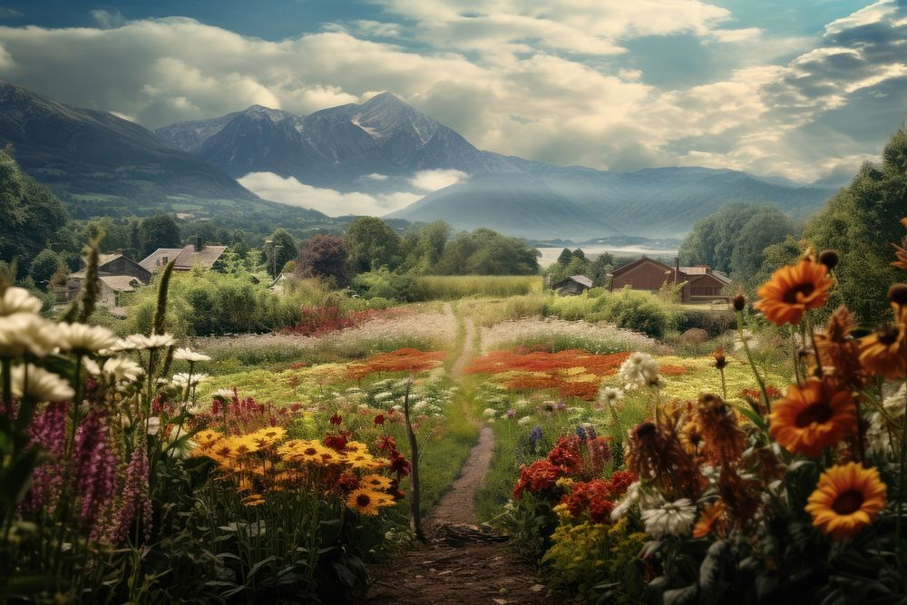 Flower garden landscape outdoors nature. AI generated Image by rawpixel.