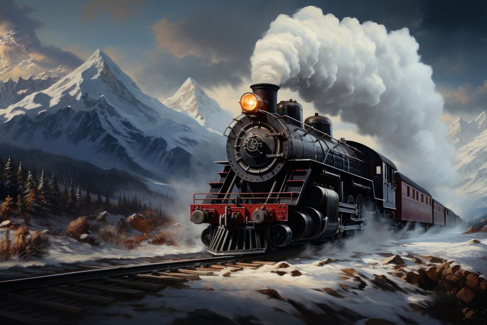 An old steam train chugging through snowy mountains on christmas day. AI generated Image by rawpixel. 