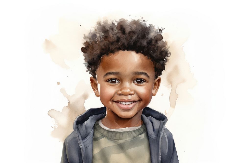 Black kid watercolor portrait child smile. AI generated Image by rawpixel.