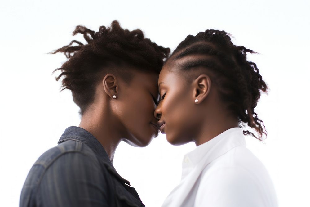 Black lesbian couple kissing white background affectionate togetherness. AI generated Image by rawpixel.