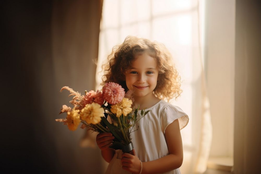 A flower bouquet child portrait holding. AI generated Image by rawpixel.