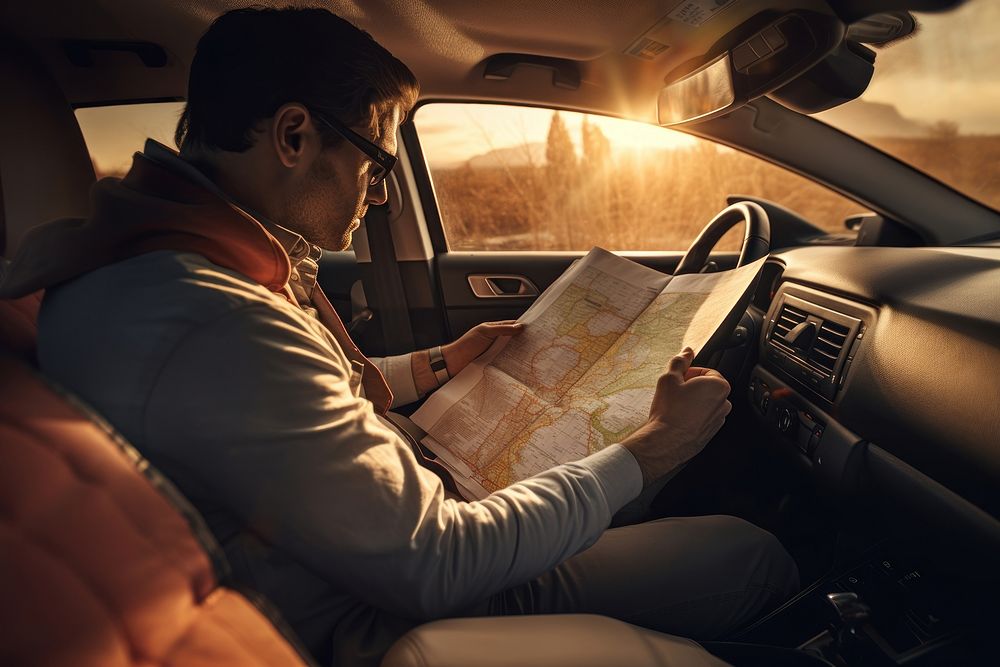 Man reading map in a car. 