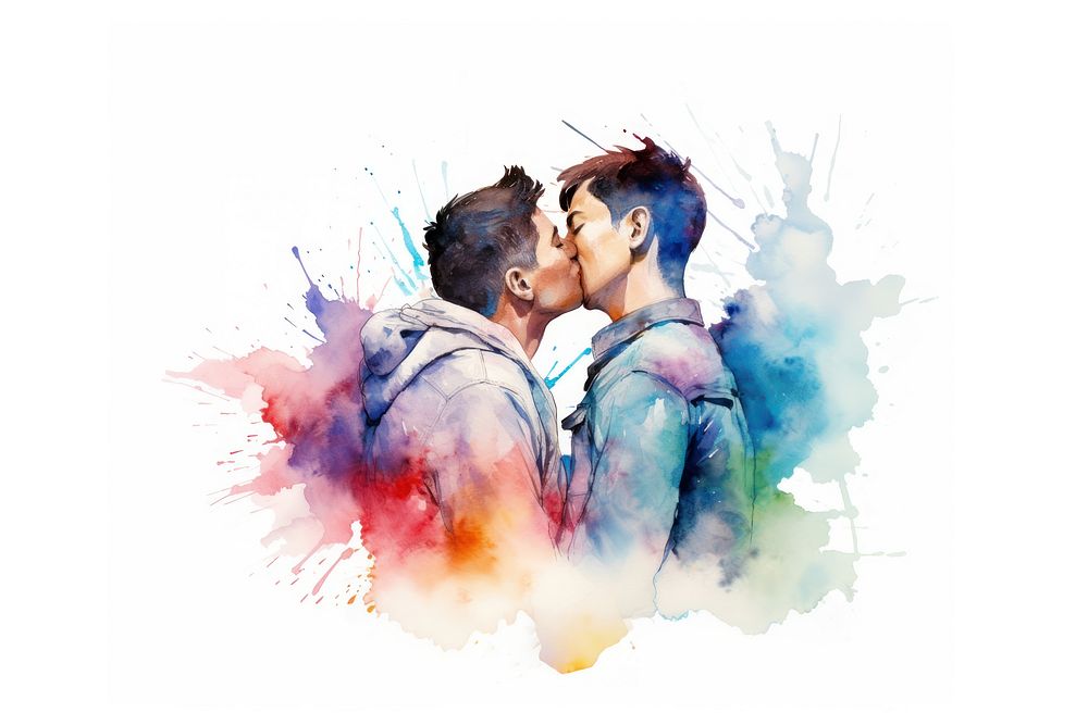 Gay couple kissing watercolor adult white background affectionate. AI generated Image by rawpixel.