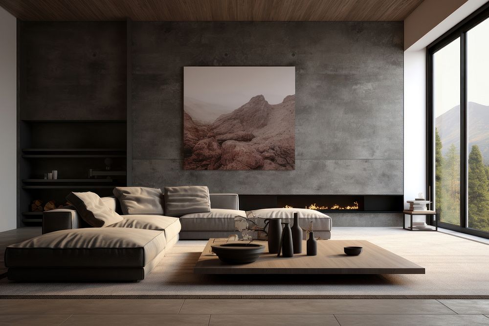 Living room architecture furniture fireplace. AI generated Image by rawpixel.
