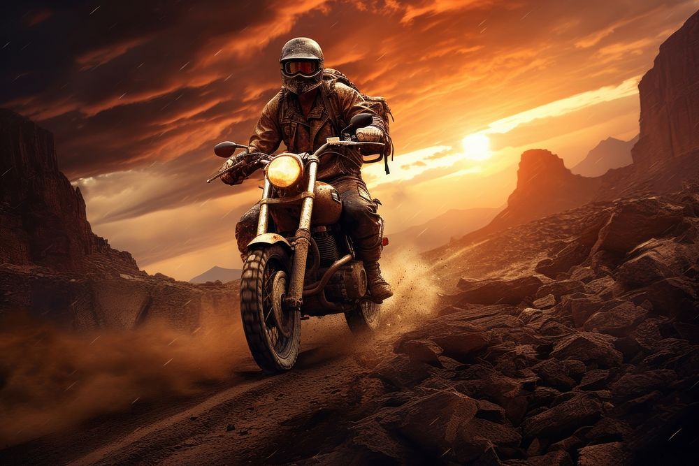 Motorcycle adventure outdoors vehicle helmet. AI generated Image by rawpixel.