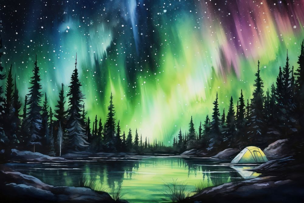 Northern lights camping water color outdoors nature night. AI generated Image by rawpixel.