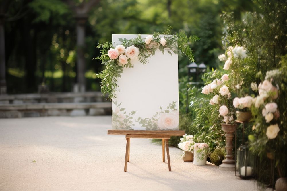 Wedding easel sign in wooden texture with flowers Stock Photo by Rawpixel