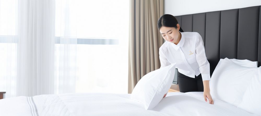 Hotel staff making bed. 