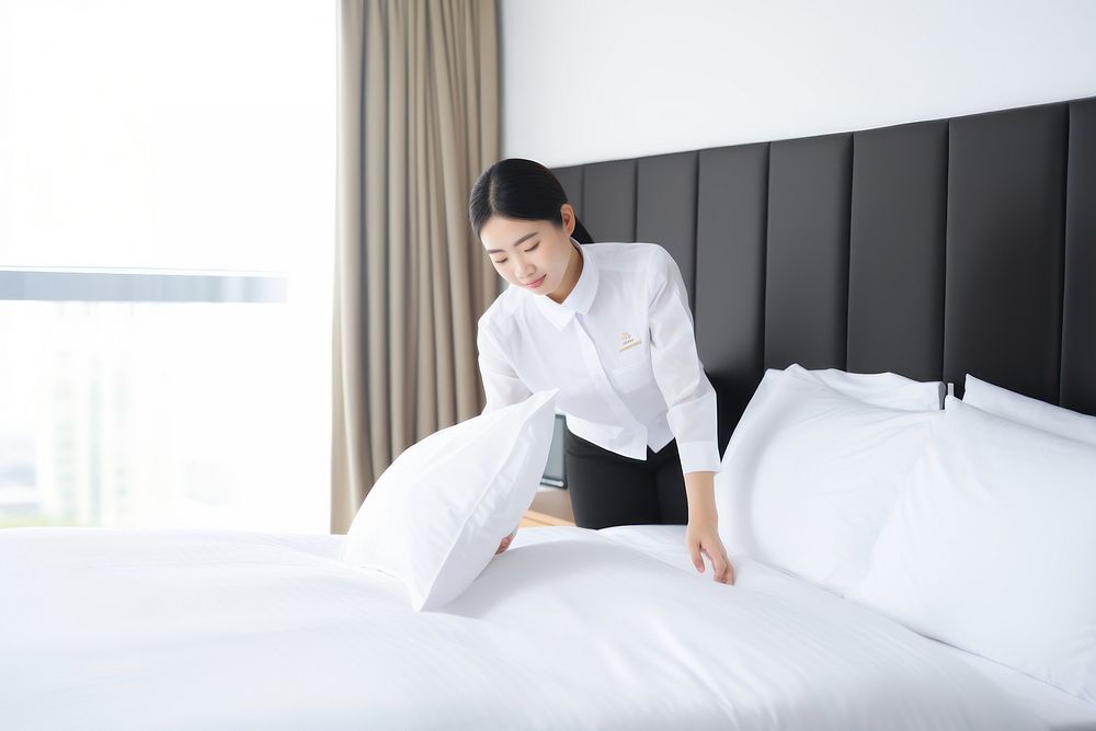 Hotel staff making bed. 