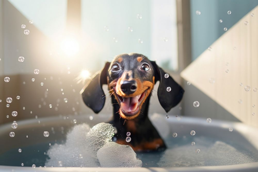 Dog dachshund bathroom bathtub. 