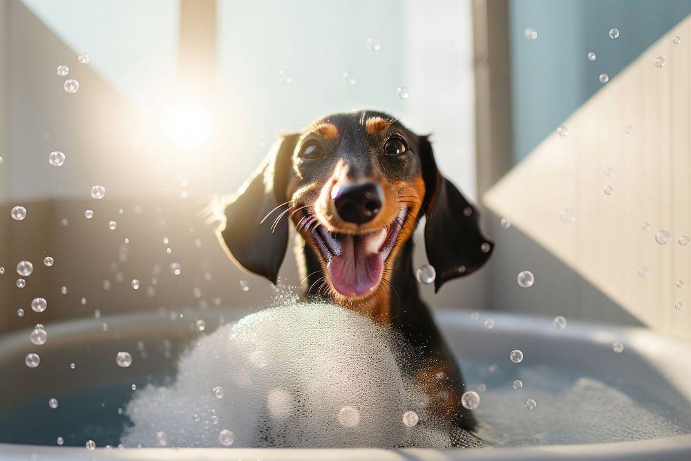 Bathtub dog dachshund bathroom. 