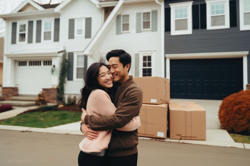 Happy couple moving into new house. 