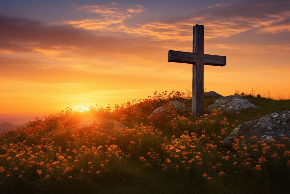 Christian cross landscape outdoors sunrise. 