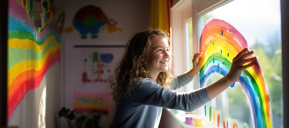 Painting rainbow window. 