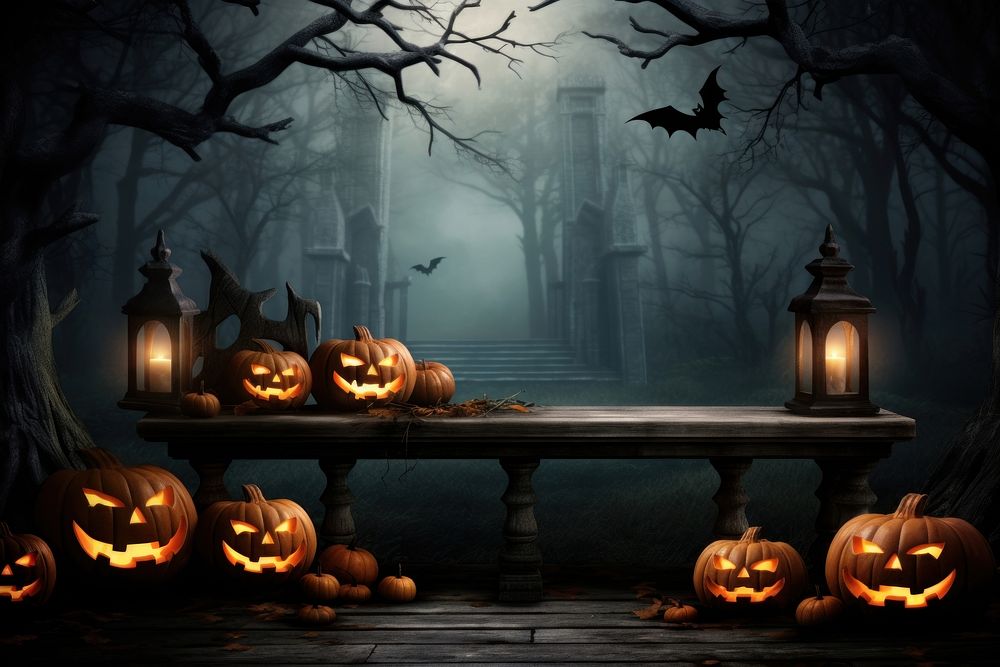 Halloween background pumpkin candle table. 