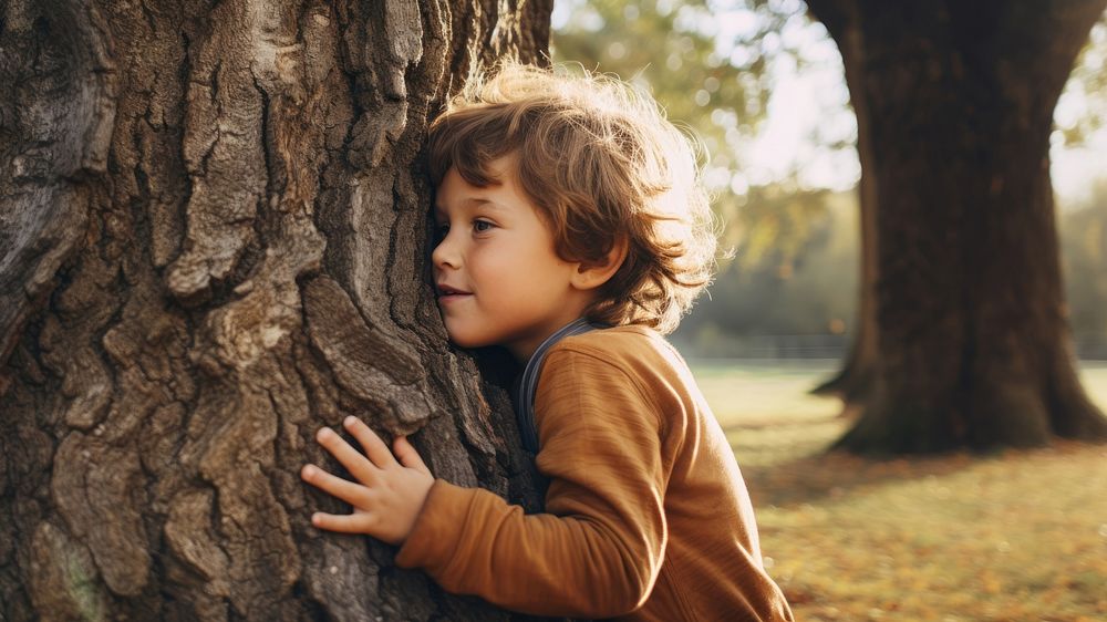 Little boy hugging a tree. 