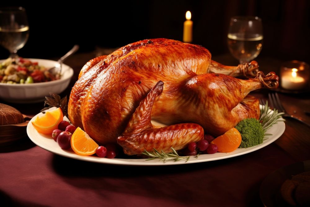 Roasted turkey thanksgiving dinner food plate meat. AI generated Image by rawpixel.
