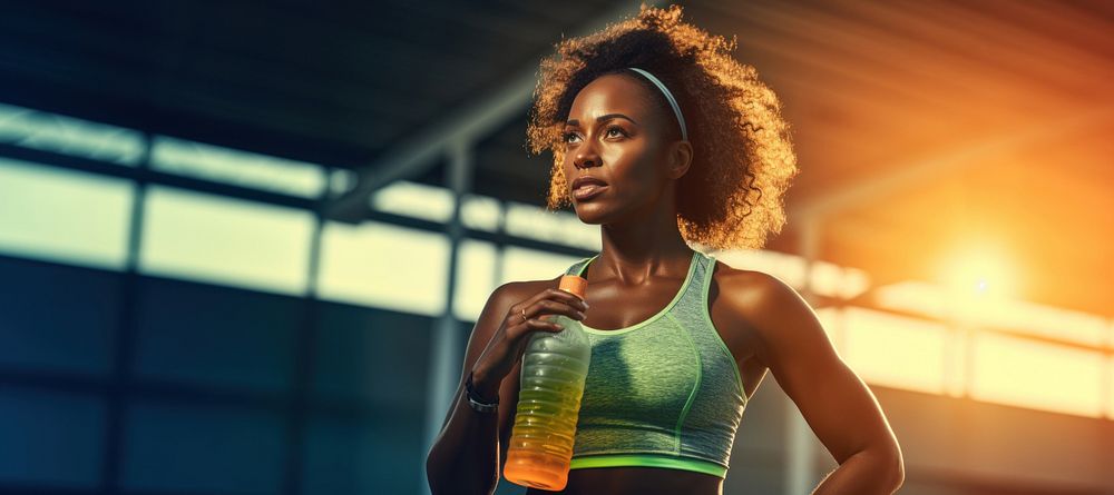 Woman holding water bottle. 