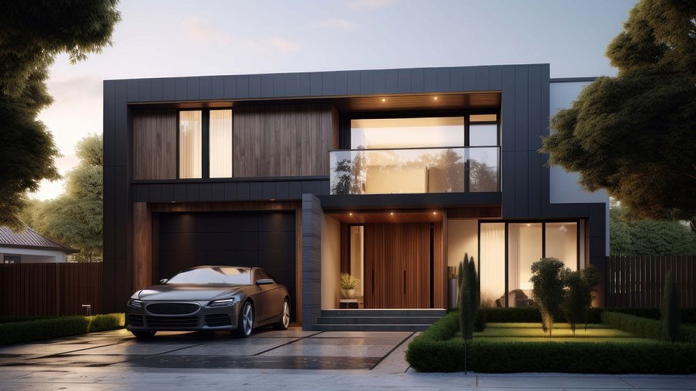 Sedan car parked in a house, modern architecture. AI generated Image by rawpixel.