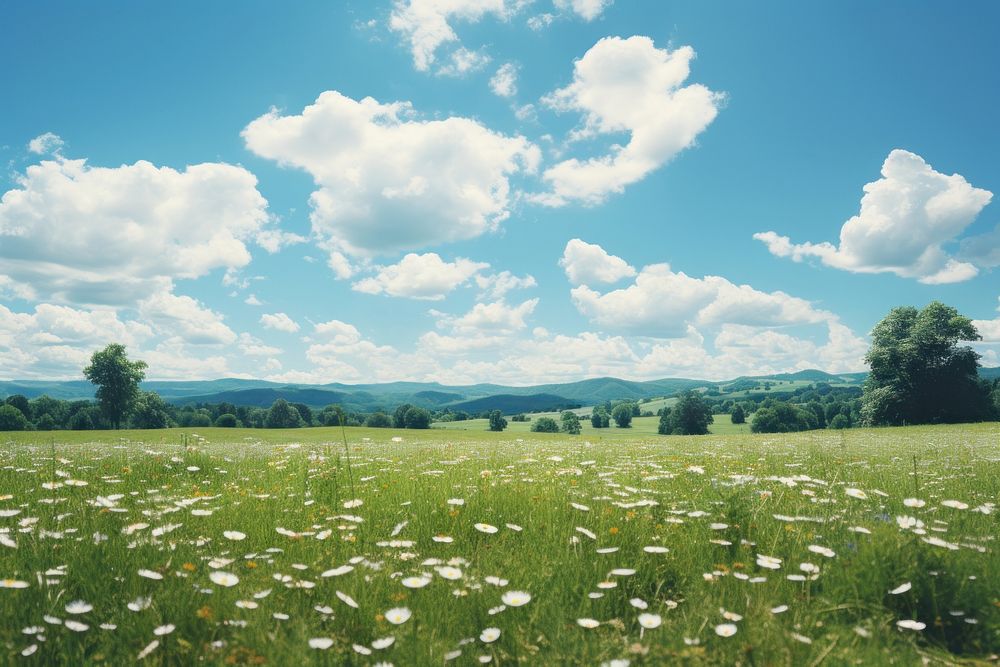 Meadow flower sky wildflower. AI generated Image by rawpixel.