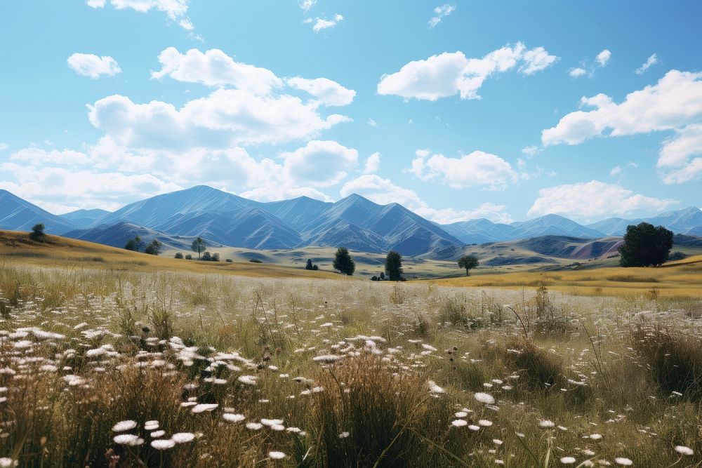 Meadow sky landscape grassland. AI generated Image by rawpixel.