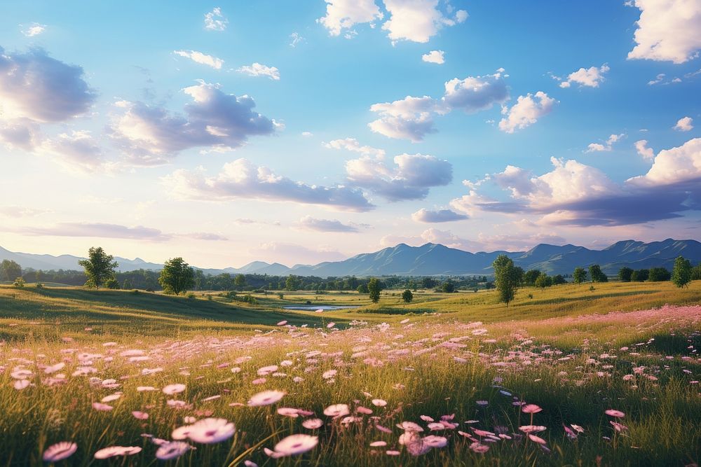 Meadow flower sky landscape. AI generated Image by rawpixel.