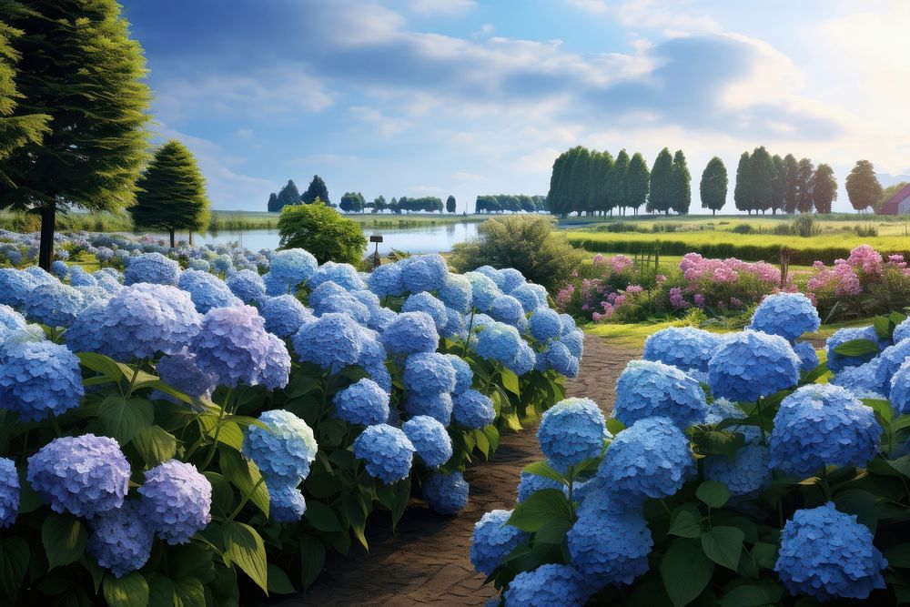 Blue hydrangeas garden landscape outdoors blossom. AI generated Image by rawpixel.