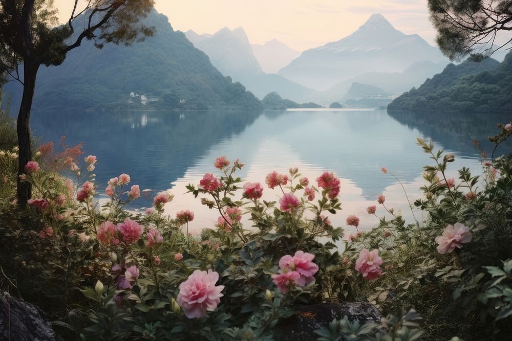 Flower bush lake landscape mountain. AI generated Image by rawpixel.
