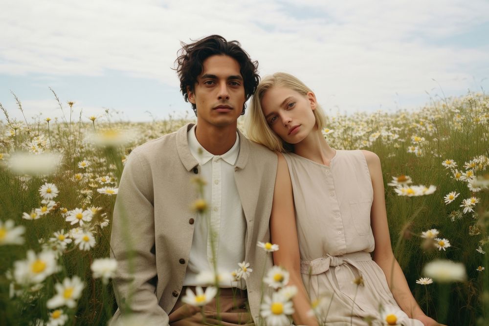 Couple flower outdoors portrait. 