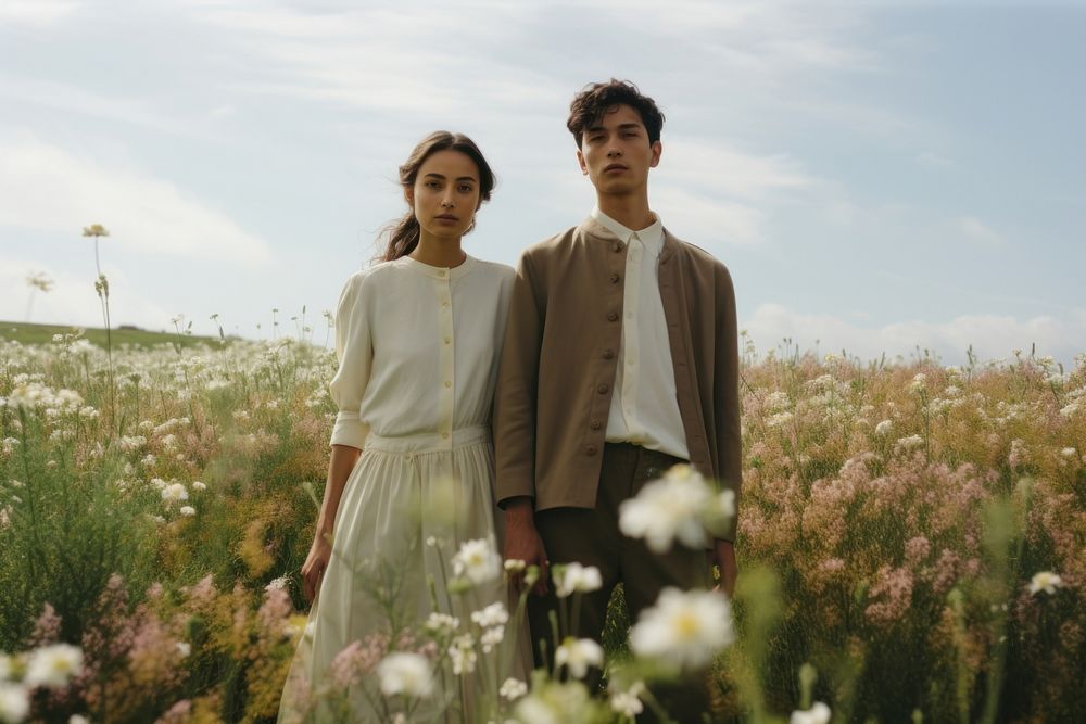 Couple fashion flower field. 