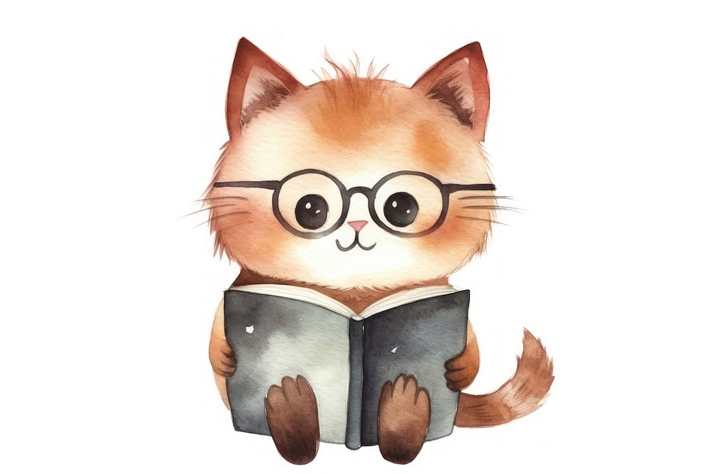 Cat read a book cartoon mammal white background. AI generated Image by rawpixel.
