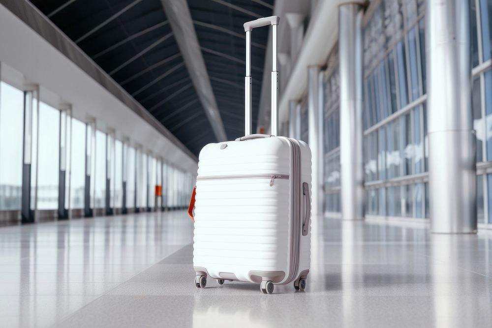 White travel bag suitcase luggage airport. 