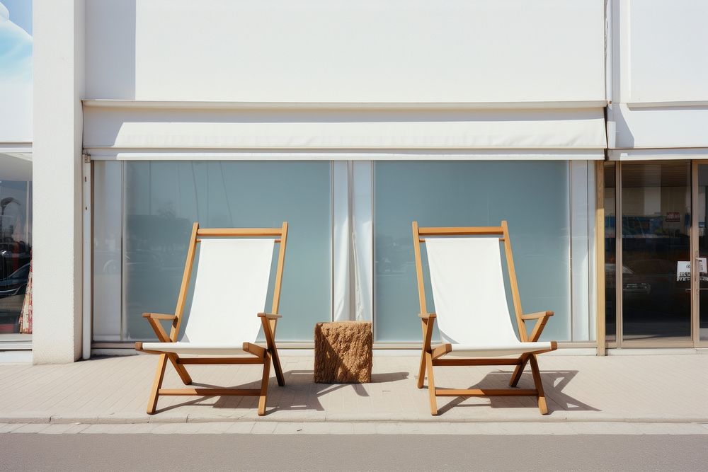 White deckchairs furniture outdoors window. 